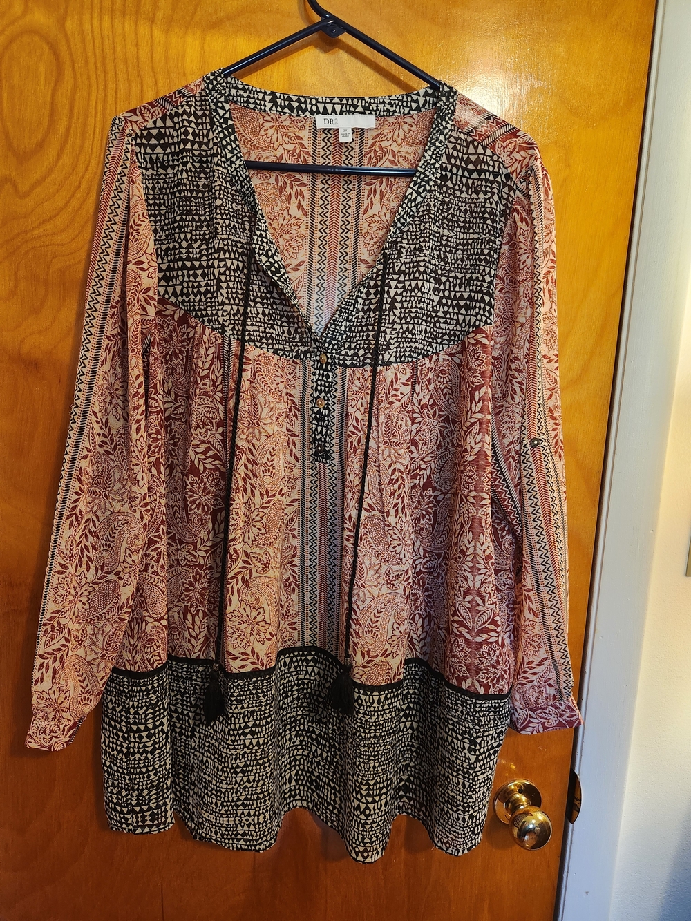 DR2 Pink & Black Printed Peasant Blouse